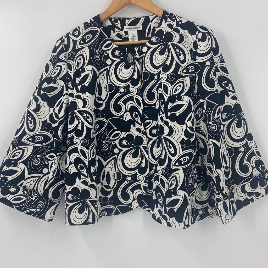 Laura Ashley Black And White Scroll Print Swing Blazer With Large Button Detail